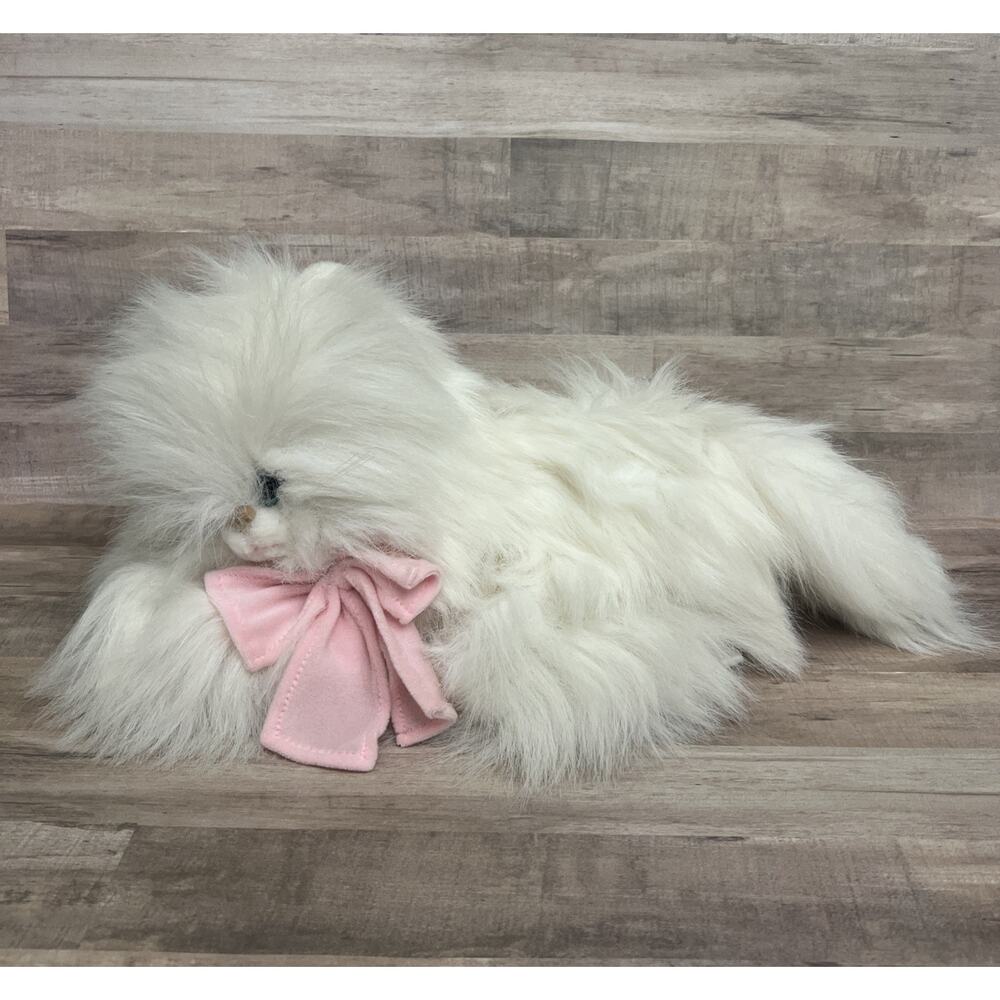 Vtg 90's Playful‎ Plush Cat Kitten Pink Bow Kellytoy Faux Fur White Blue Eyes